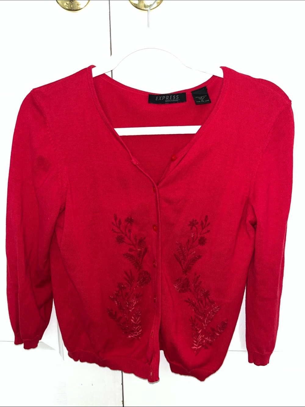 Vintage Express Red Embroidered Button-Front Cardigan